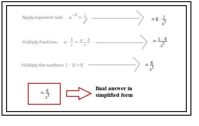 Simplify: 6x^-2 a) 1/6x^2 b) 6/x^2 c) x^2/6 d) 1/36x^2-example-1