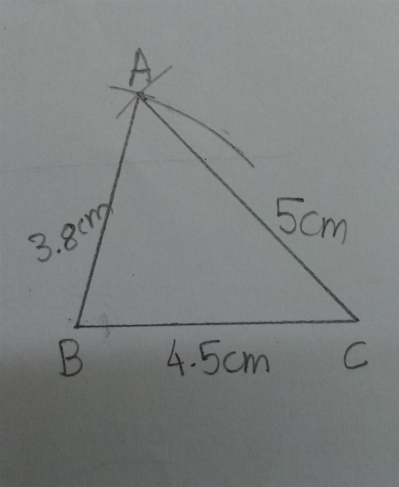 PLEASE ANSWER FAST!!!!!!!!Construct ΔABC with AB = 3.8 cm, BC = 4.5 cm and CA = 5 cm-example-1