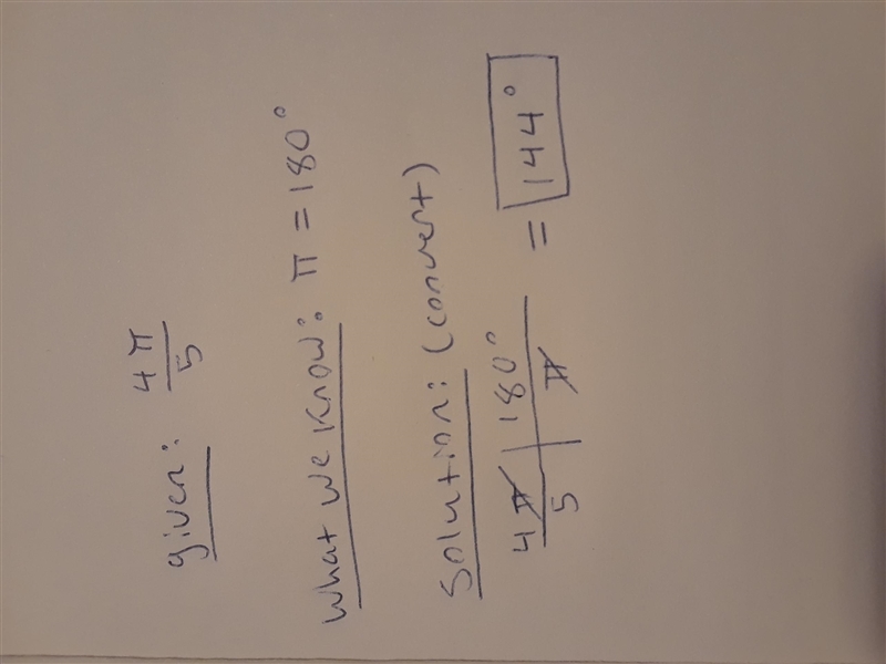 An angle measures 4 pi/5 radians. What is this angle's measure, in degrees​-example-1