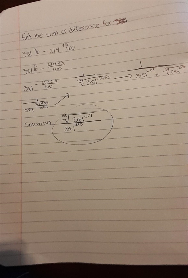 Find each sum or difference for 381 1/10 -214 43/100-example-1