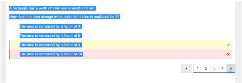 A rectangle has a width of 9 km and a length of 6 km. How does the area change when-example-1