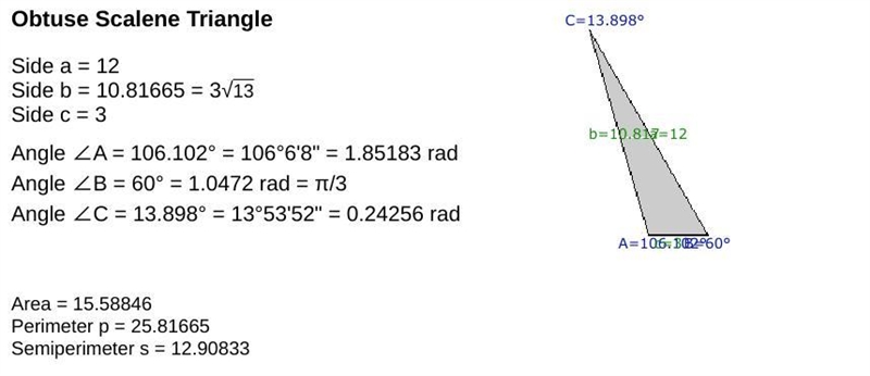 In ∆ABC , if B= 60° , C = 3cm and A = 12cm . what is the area of ∆ABC?​-example-1