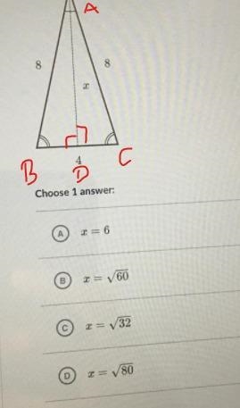 Find the value of x in the isosceles triangle shown below.-example-1