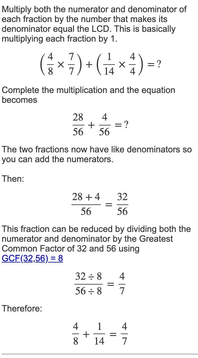 What is the correct answer to this problem 4/8 +1/14-example-1