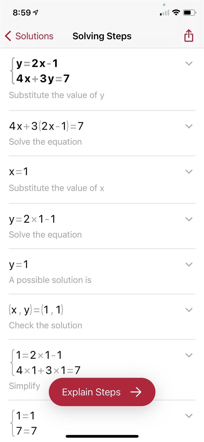 How do you Solve this system of equations: y=2x-1 4x+3y=7-example-1