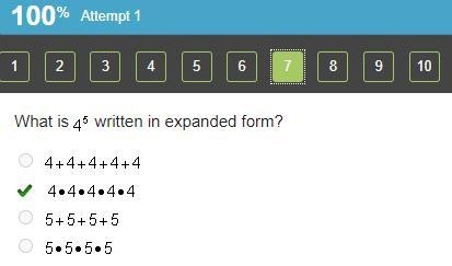 What is 4 superscript 5 written in expanded form? 4 + 4 + 4 + 4 + 4 4 times 4 times-example-1