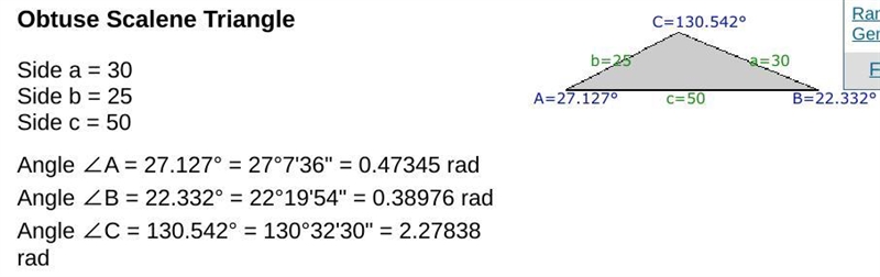 A triangle has side lengths of 25in, 30in, and 50 in. Classify it as acute, obtuse-example-1