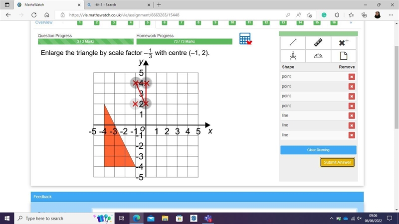 Enlarge the triangle by scale factor 0.5 using (3, 1) as the centre of enlargement-example-1