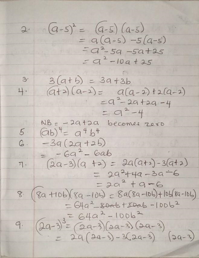 1. (a+2)² 2. (a-5)² 3. 3(a+b) 4. (a+2)(a-2) 5. (ab)⁴ 6.- 3a(2a + 2b) 7. (2a-3)(a +2) 8. (8a-example-1