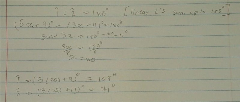 If angle 1 and angle 2 form a linear pair. If measure of angle 1 = (5x+9)° and measure-example-1