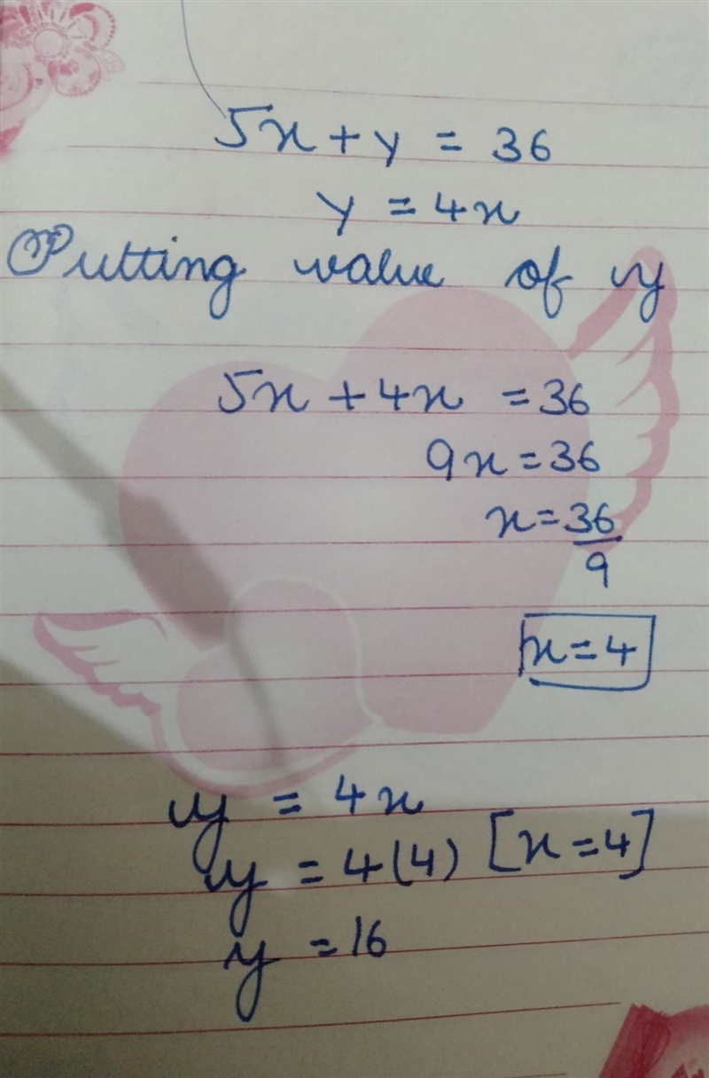 Solve the system of equations by substitution 5x +y = 36 y = 4x-example-1