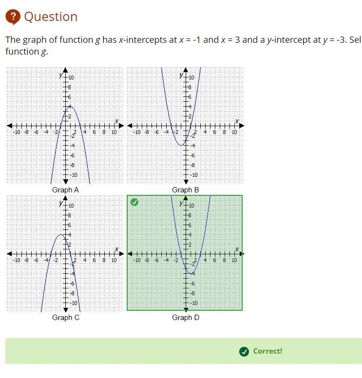 The graph of function g has x-intercepts at x = -1 and x = 3 and a y-intercept at-example-1