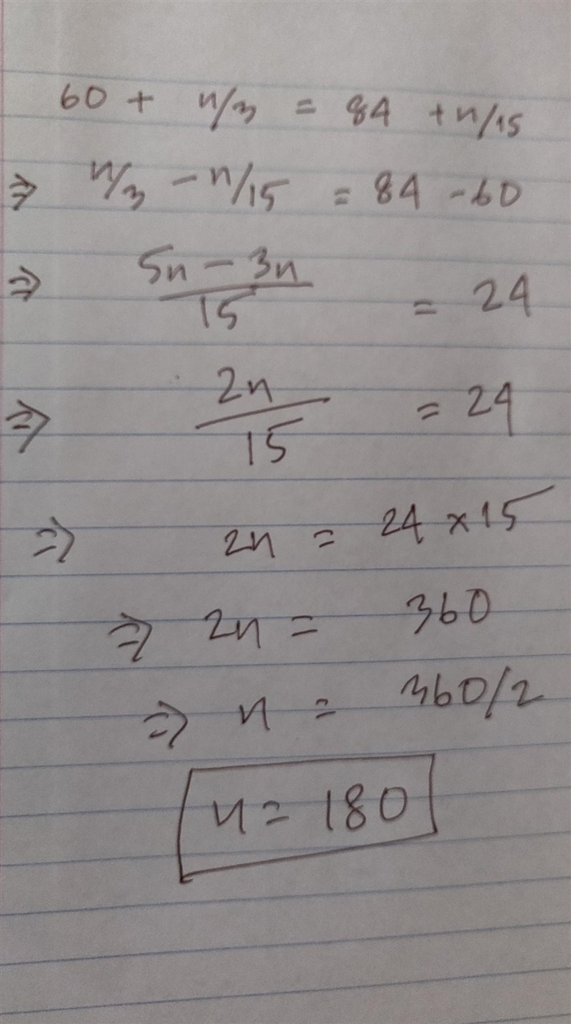 What is the value of n in the equation 60+n\3=84+n/15-example-1