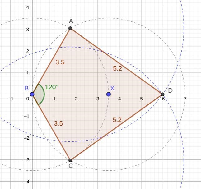 4. Construct a quadrilateral ABCD in which AB=BC=3.5cm, AD=CD= 5.2 cm and ^ABC= 120°.-example-1