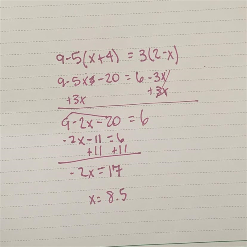 9-5(x+4)=3(2-x) plz help im so bad at math-example-1