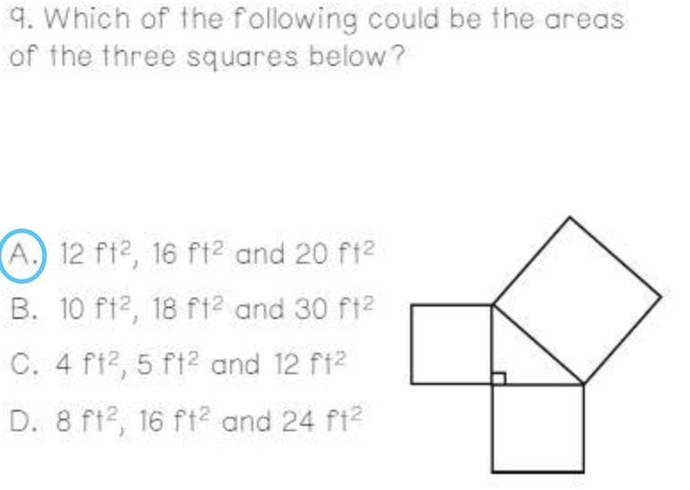 Which of the following could be the areas of the three squares below?-example-1