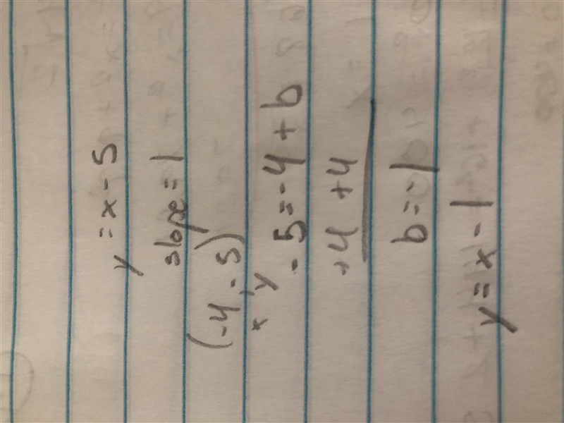 Write in slope intercept form Through: (-4,-5), parallel to y=x-5, what do I do?-example-1