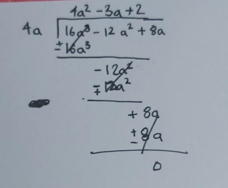 If the area of a rectangle is 16a^3 – 12a² + 8a and the width is 4a. Find the length-example-1