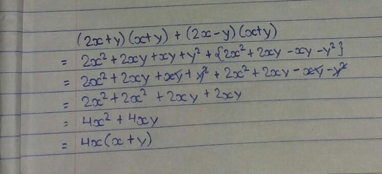 Expand, and simplify the following expressions a. (2x+y)(x+y) + (2x-y)(x+y)​-example-1