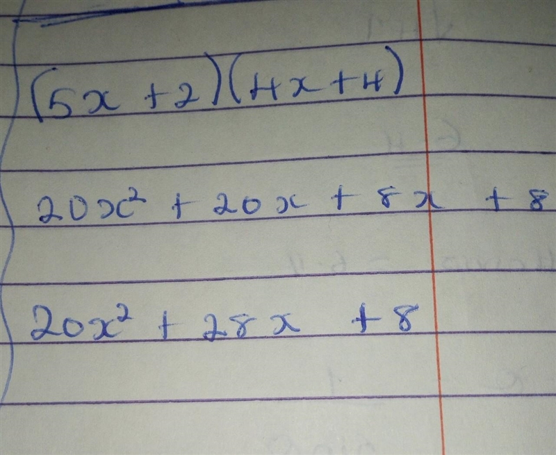 What is the product of the binomials below? (5x + 2)(4x + 4) A. 20x2 +28x+6 O B. 20x-example-1