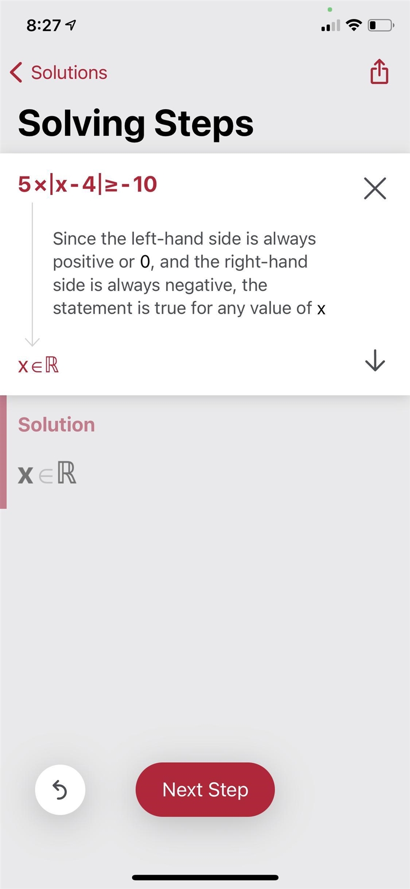 Solve 5|x – 4| ≥ –10-example-1