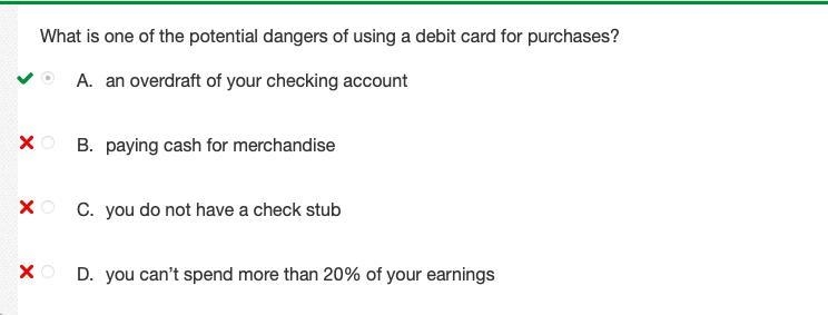 What is one of the potential dangers of using a debit card for purchases? O A. an-example-1