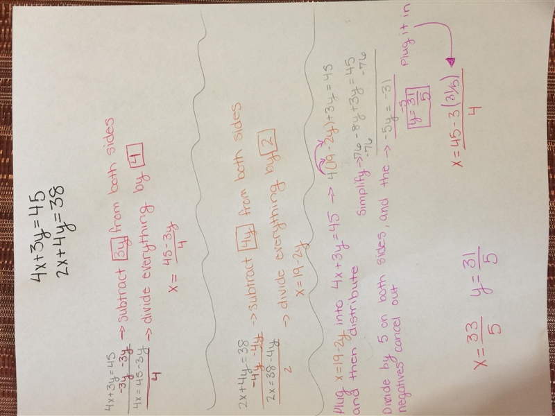 Please solve these systems of equations. 4x+3y=45 2x+4y=38-example-1