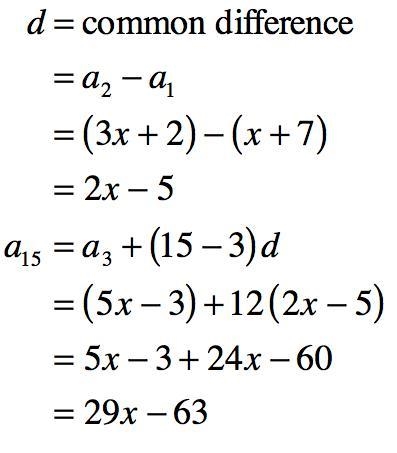 Find the 15th term of the arithmetic sequence x+7,3x+2,5x-3-example-1