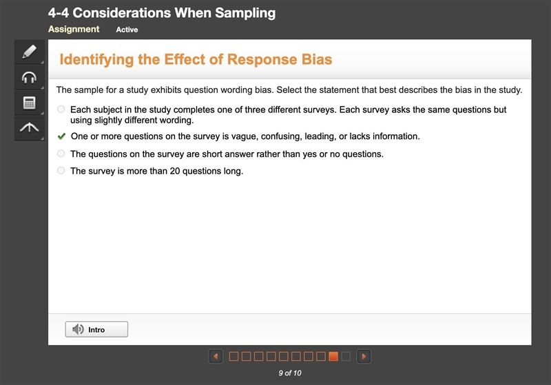 The sample for a study exhibits question wording bias. Select the statement that best-example-1