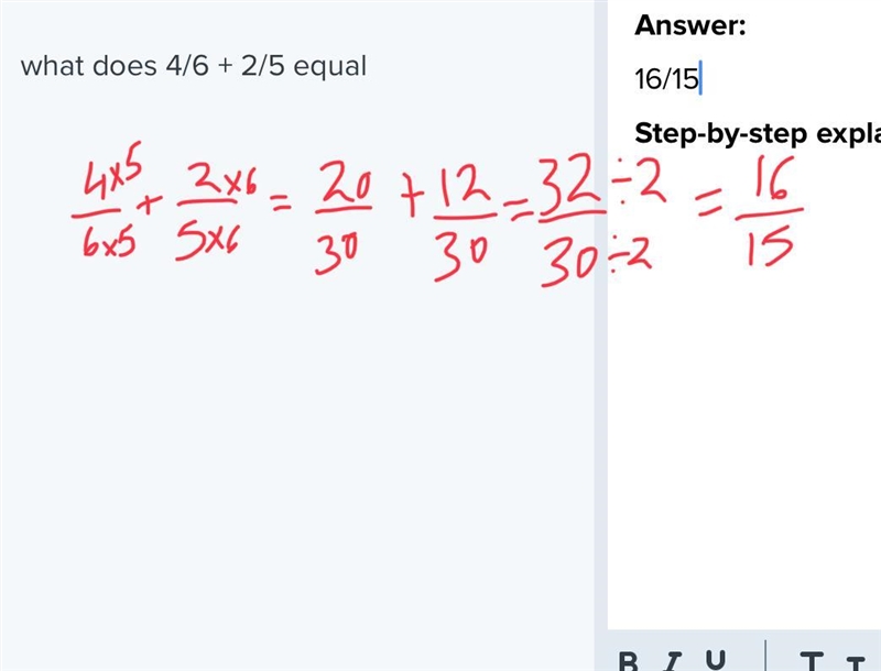 What does 4/6 + 2/5 equal-example-1