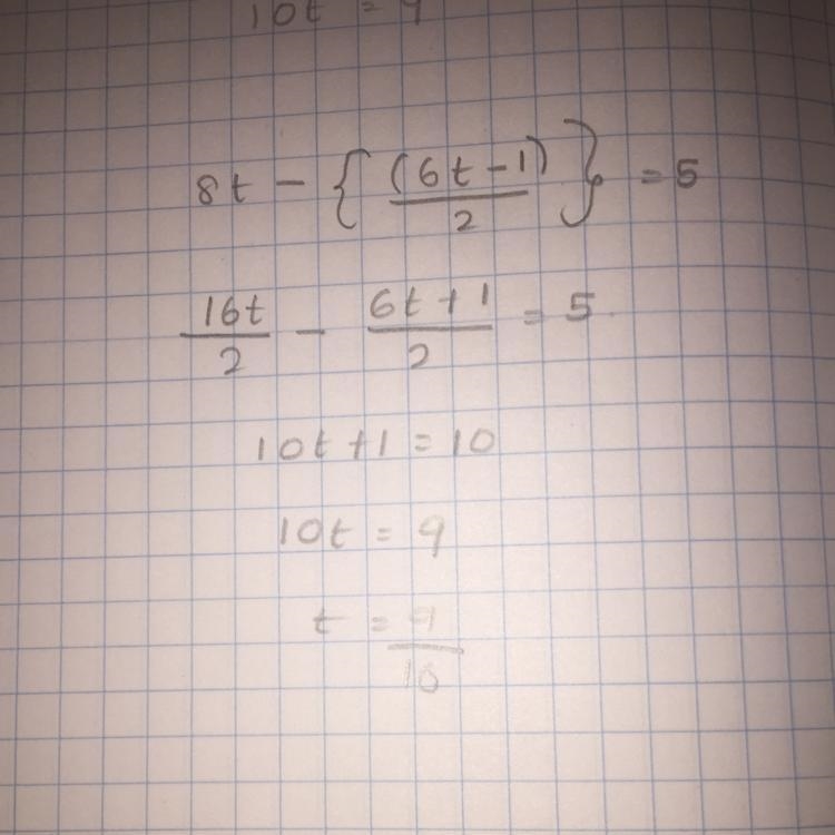 Solve for t 8t-{(6t-1)/2}=5 I'm not sure how to go about a removing the fraction here-example-1