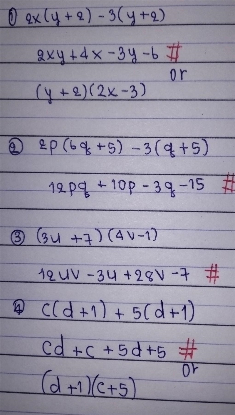 Find the products of the following 2x(y + 2) – 3(y + 2) 2p(6q + 5) – 3(6q + 5) (3u-example-1