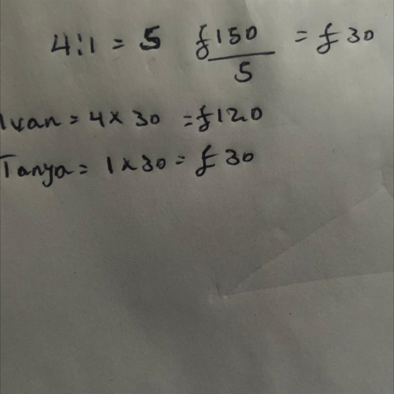 Ivan and Tanya share £150 in the ratio 4:1 Work out how much more Ivan gets compared-example-1