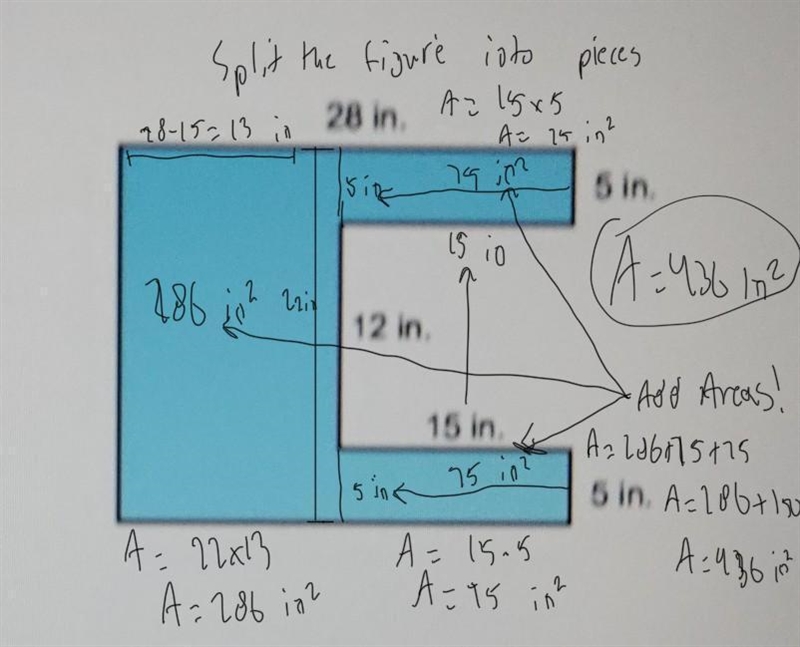 What is the area of this composite figure? A) 130 in2 B) 280 in2 C) 436 in2 D) 616 in-example-1