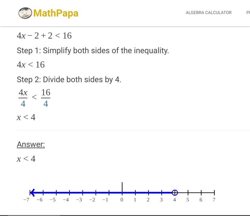 Solve the inequality. |4x - 2 + 2 < 16 also please show ur work ​-example-1