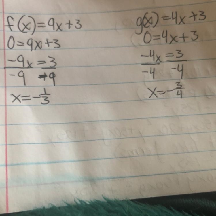 What is the description of the translation from f(x)=9x+3 to g(x)=4x+3? Answers: A-example-1