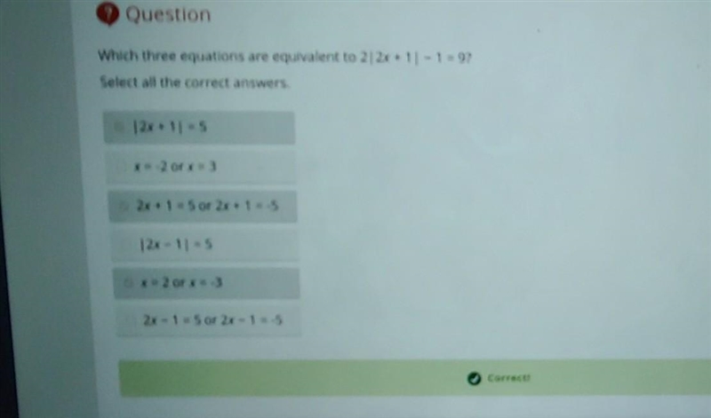 Which three equations are equivalent to 2|2x + 1- 1 = 9? Select all the correct answers-example-1