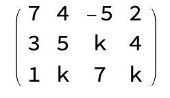 Hi, could someone solve this parametric system? 7х+4y – 5z = 2 3х +5y +kz = 4 X+ky-example-1