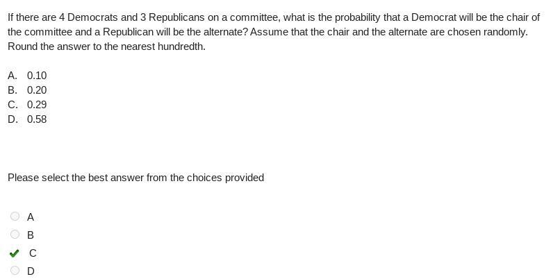 If there are 4 Democrats and 3 Republicans on a committee, what is the probability-example-1