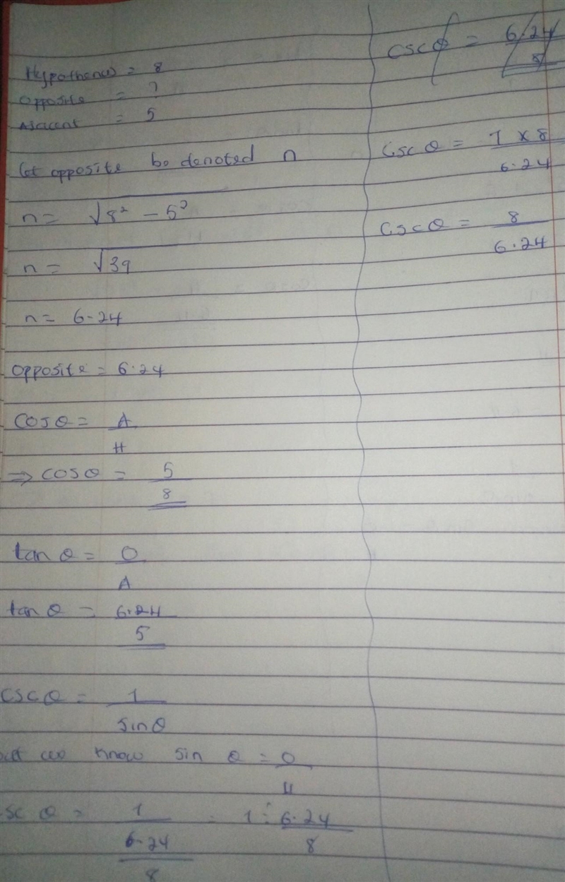 Find cos 0, tan 0, and csc0 where 0 is the angle shown in the figure. Give exact values-example-1