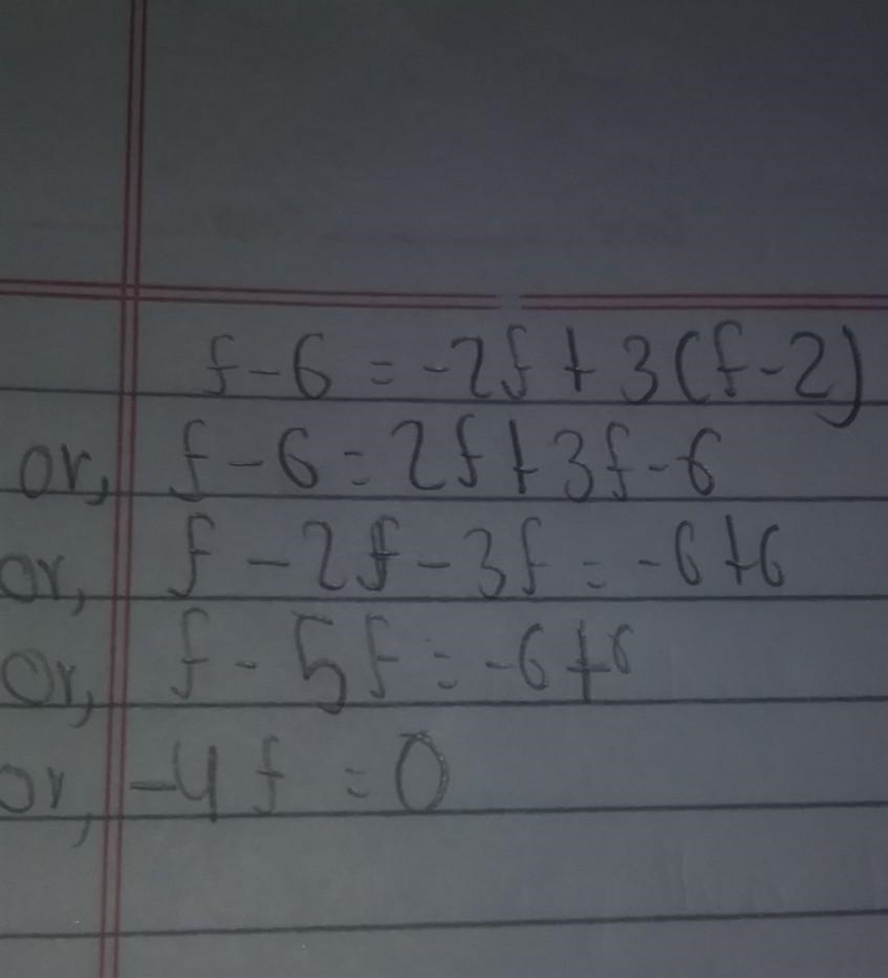 Please show work hahah I really suck with these equations f – 6 = -2f + 3(f – 2)-example-1