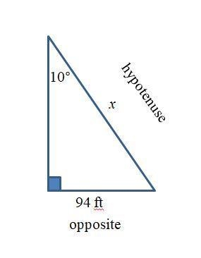 In ΔDEF, the measure of ∠F=90°, the measure of ∠D=10°, and EF = 94 feet. Find the-example-1