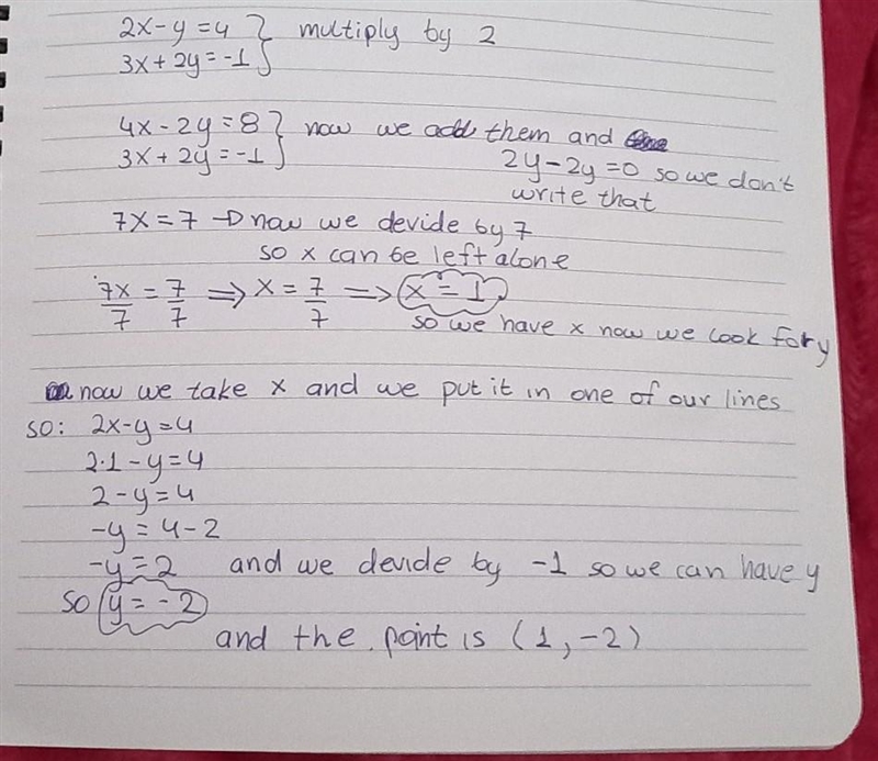 Given the equations of the lines 2x – y = 4 and 3x + 2y = -1. Do these lines intersect-example-1