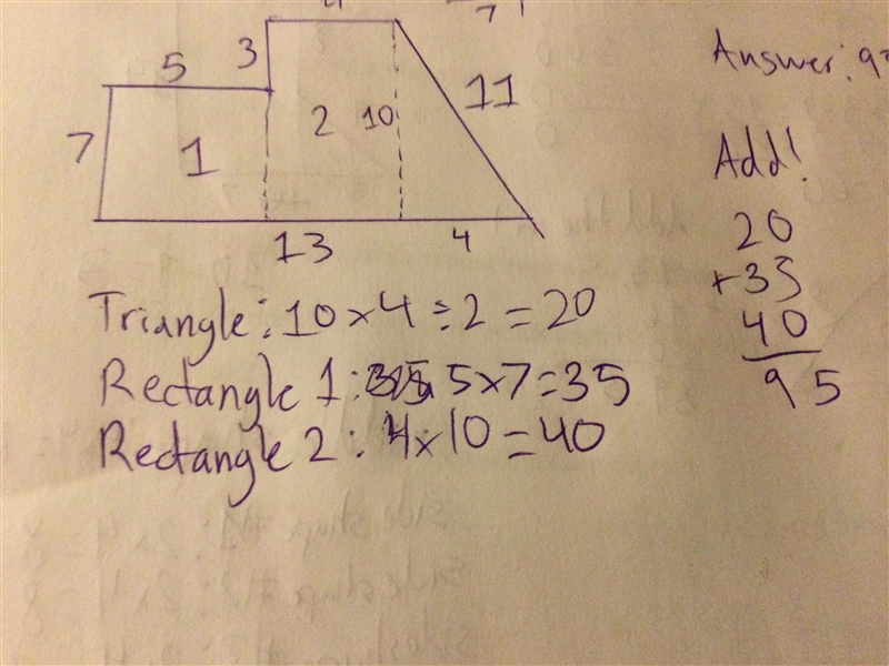 Find the area of each shape by decomposing it into smaller shapes, combining their-example-1