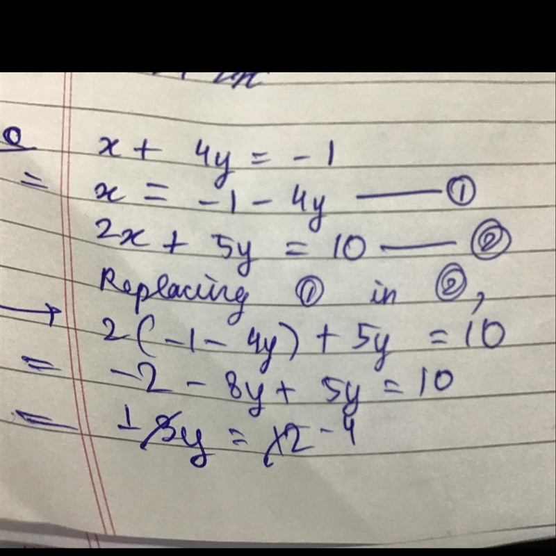 What is the solution to x+4y=-1 and 2x + 5y=10??????-example-1