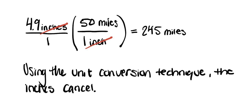 Find the distance represented by 4.9 inches if 1 inch = 50 miles.-example-1