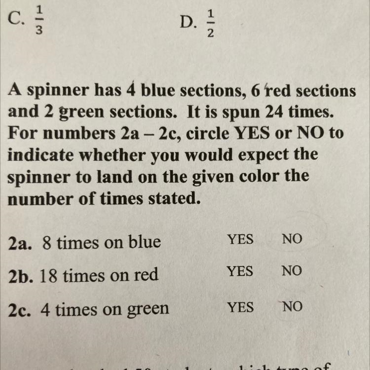 A spinner has 4 blue sections, 6 red sections and 2 green sections. It is spun 24 times-example-1