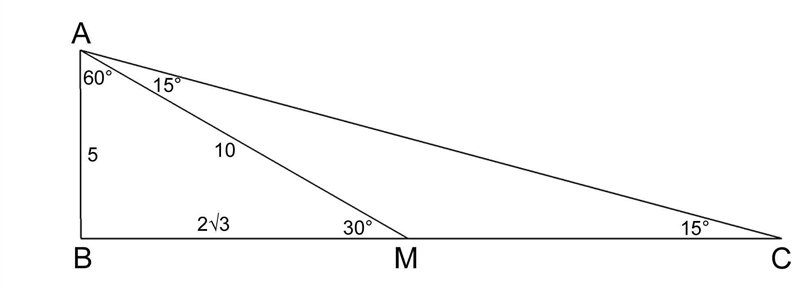 In △ABC, m∠B = 90°, m∠C = 15°, M ∈ BC. If m∠BAM = 60°, AM = 10 in. Find: AB URGENT-example-1