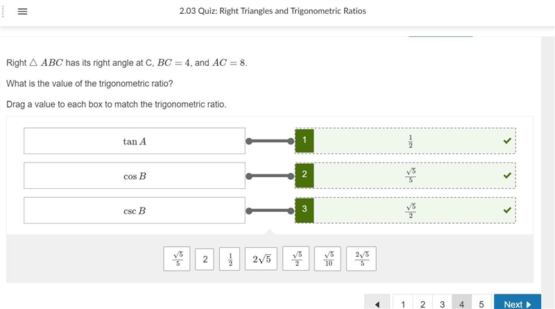 Right Triangle ABC has its right angle at C, BC = 4, and AC= 8. What is the value-example-1