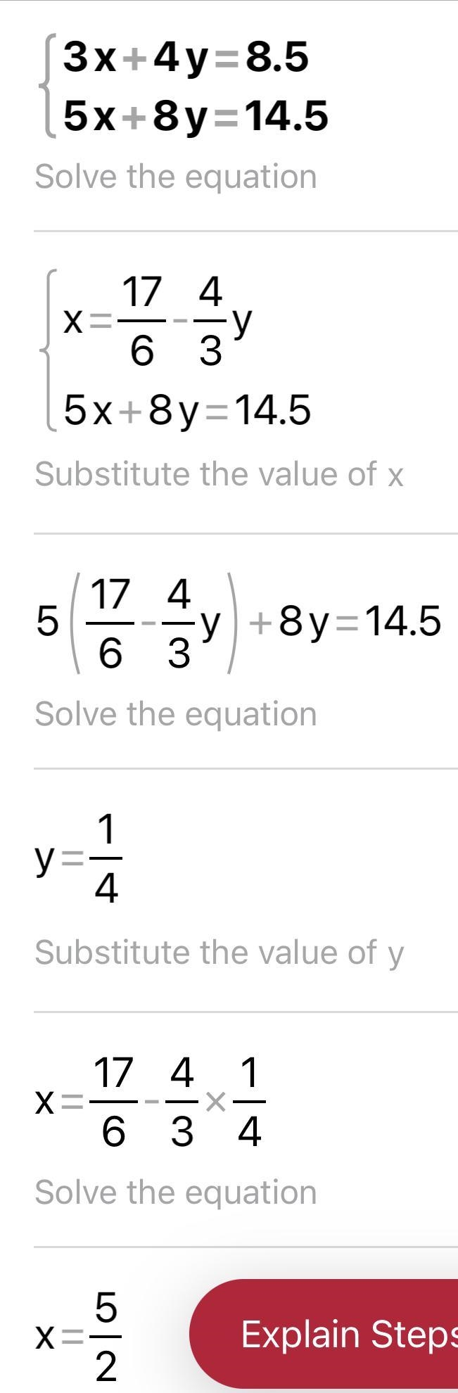 Solve for y and x 3x+4y=18.50. 5x+8y=14.50-example-1